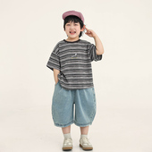 t恤2025夏装 新款 儿童韩版 积木城堡男童短袖 条纹上衣中小童半袖