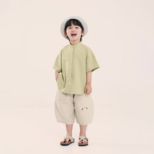 积木城堡男童短袖衬衫2026夏装新款儿童中小童韩版小立领刺绣衬衣
