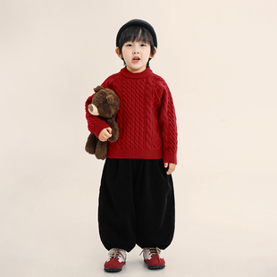 积木城堡男童毛衣冬装2025新款儿童加厚红色过年服中小童拜年服