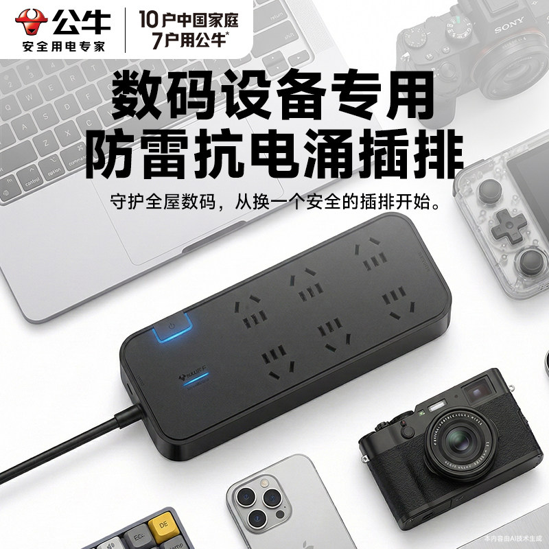 公牛插座抗电涌面板家用电源插线板带线排插拖线板接线板插排黑色