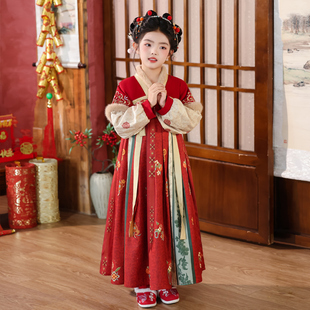 汉服女童2025新款冬装儿童古风加绒连衣裙小女孩中国风唐装拜年服