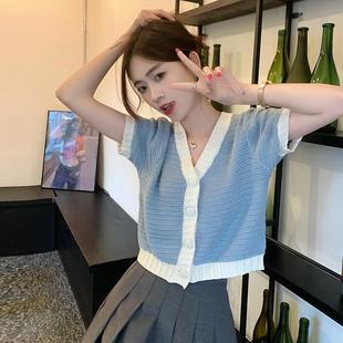女温柔风夏季 短款 撞色v领针织衫 新款 上衣 开衫 设计感百搭甜美短袖