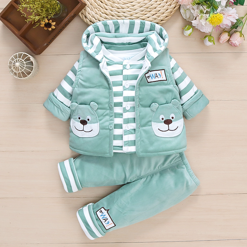 男女宝宝春秋冬夹棉套装01一2岁3新生婴儿薄棉外出衣服加厚三件套