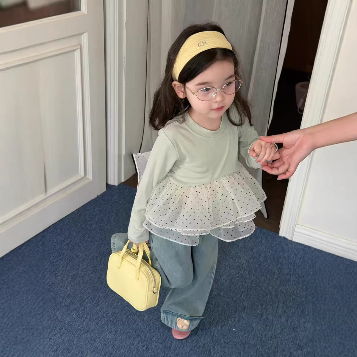 女童春季套装2026儿童新款韩版波点网纱长袖上衣卡通小熊牛仔裤潮