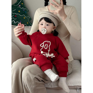 25冬装韩版婴儿卡通兔加绒加厚连体衣女宝宝红色喜庆保暖爬服外出