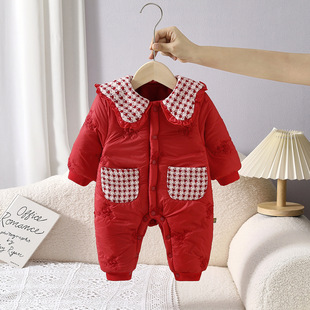 婴幼儿冬季加厚连体棉服红色喜庆新生儿加绒棉袄满月周岁外穿衣服