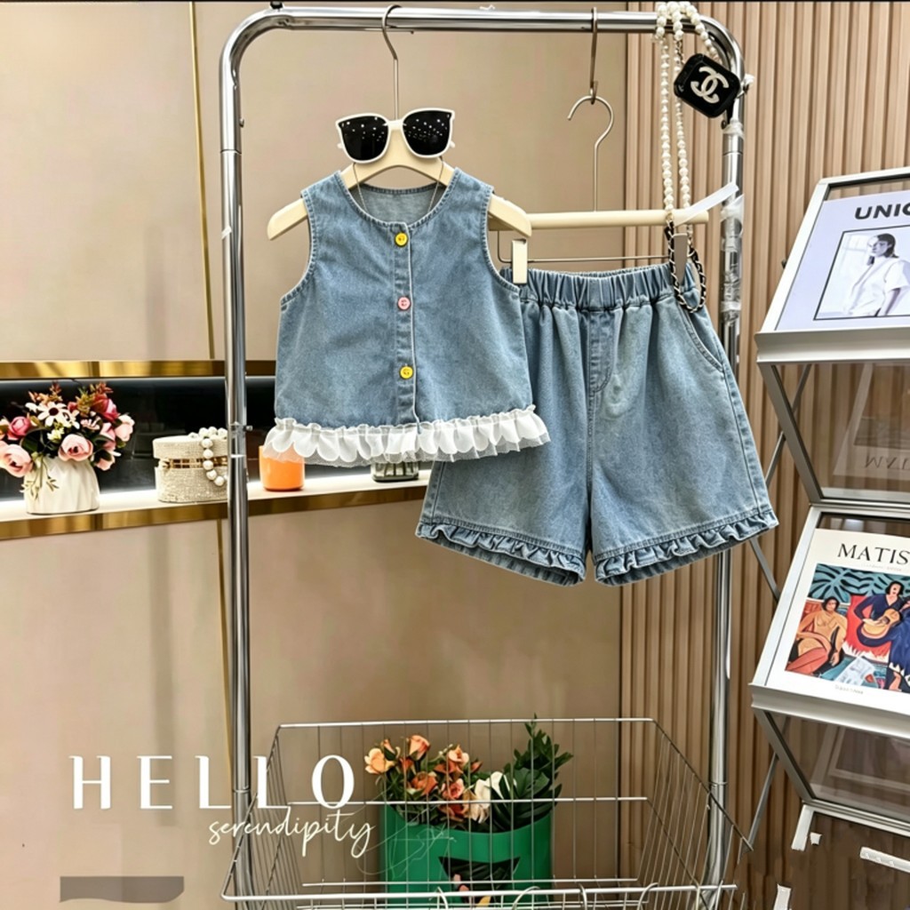 牛仔蕾丝撞色套装夏新女童洋气