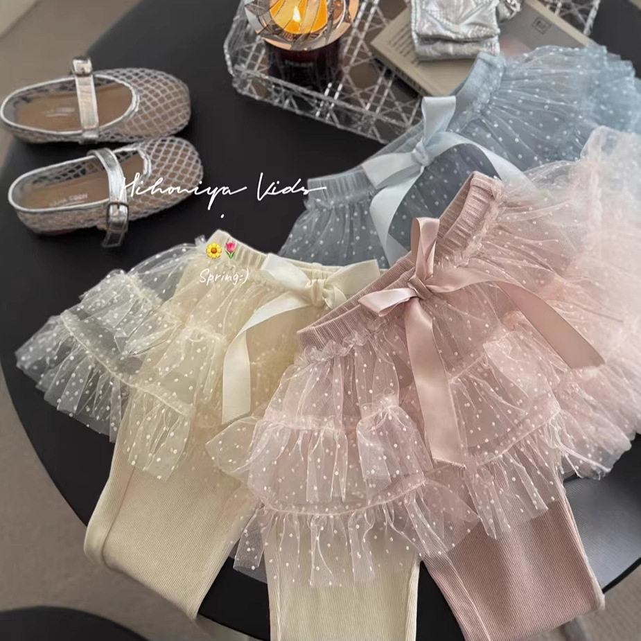 女童2026春季新款芭蕾风网纱屁帘打底裤女宝宝公主风波点喇叭裤子