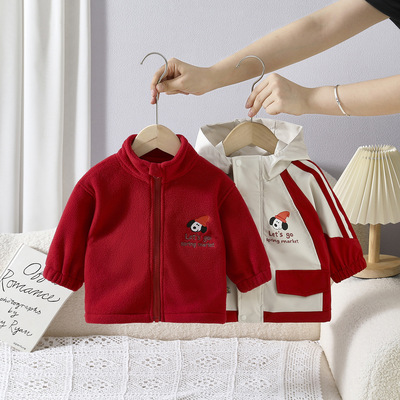 女宝宝防风连帽外套冬季红色拼色