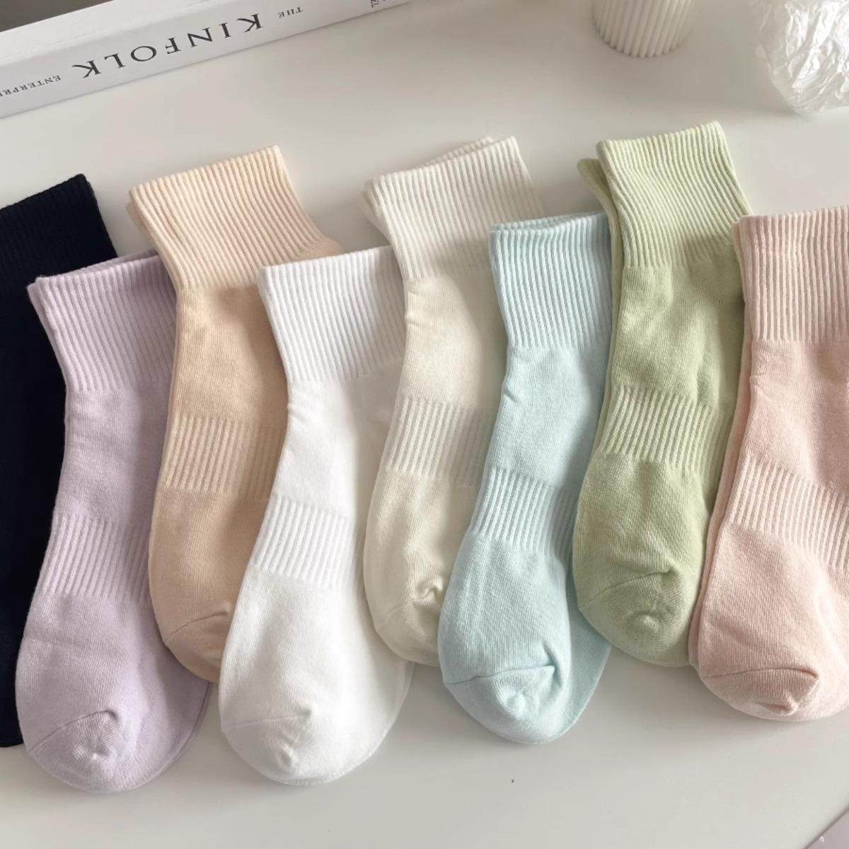 夏季纯色短筒袜子女纯棉薄款日系学生运动彩色短袜运动春秋中筒袜
