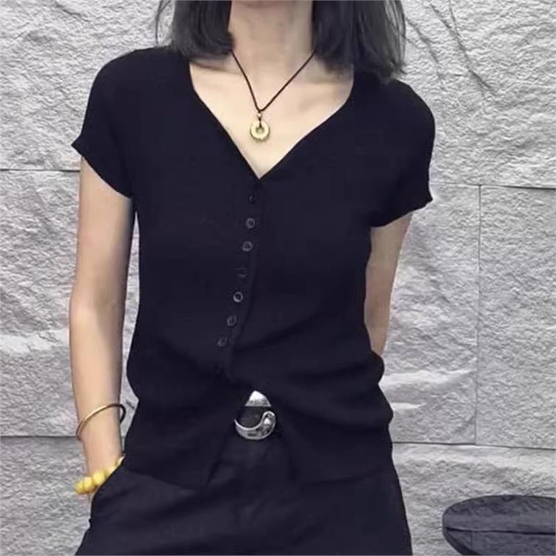 高级感轻奢黑色短袖T恤2025夏季新款女士修身显瘦针织开衫V领上衣