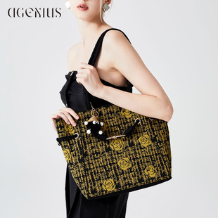 DGENIUS原创手提托特包包女2026新款通勤大容量单肩包玫瑰编织包