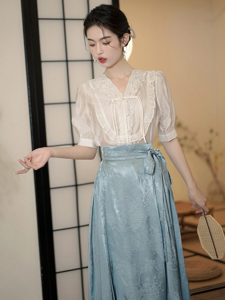 HANFU 여성 여름 당나라 정장 탑 중국 스타일 정장 개선 된 국가 스타일 티셔츠 플레이트 버튼 말 얼굴 스커트 새로운 중국 스타일 여성 의류