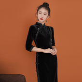 黑色盘扣改良连衣裙 金丝绒国风复古民国女装 旗袍新款 2025女年轻款