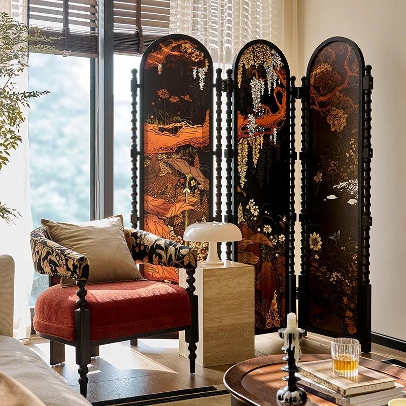 法式手绘复古屏风隔断客厅折叠新中式中古小户型会所遮挡移动折屏