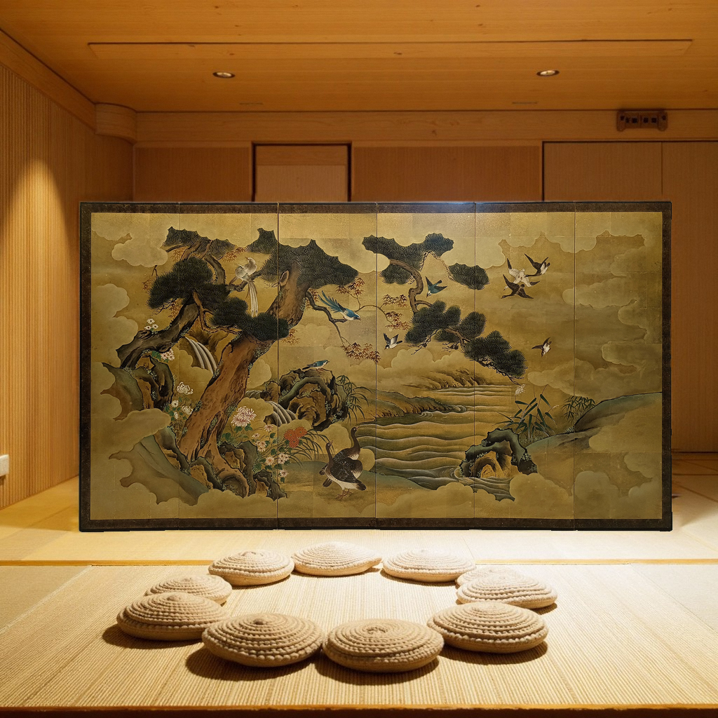定制手绘金箔中古漆画屏风隔断客厅屏风移动折叠隔断办公室挂屏