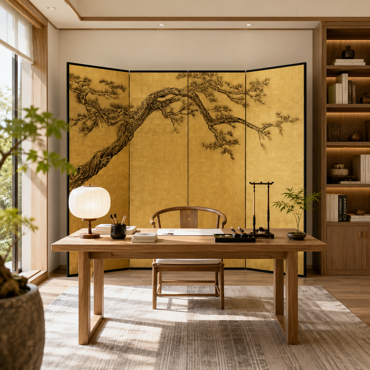 中式手绘金箔四扇折叠屏风
