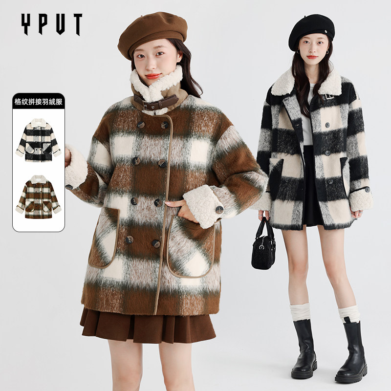 YPUT羽绒服女冬新款百搭拼接仿羊羔毛外套鸭绒中长款时尚羽绒上衣