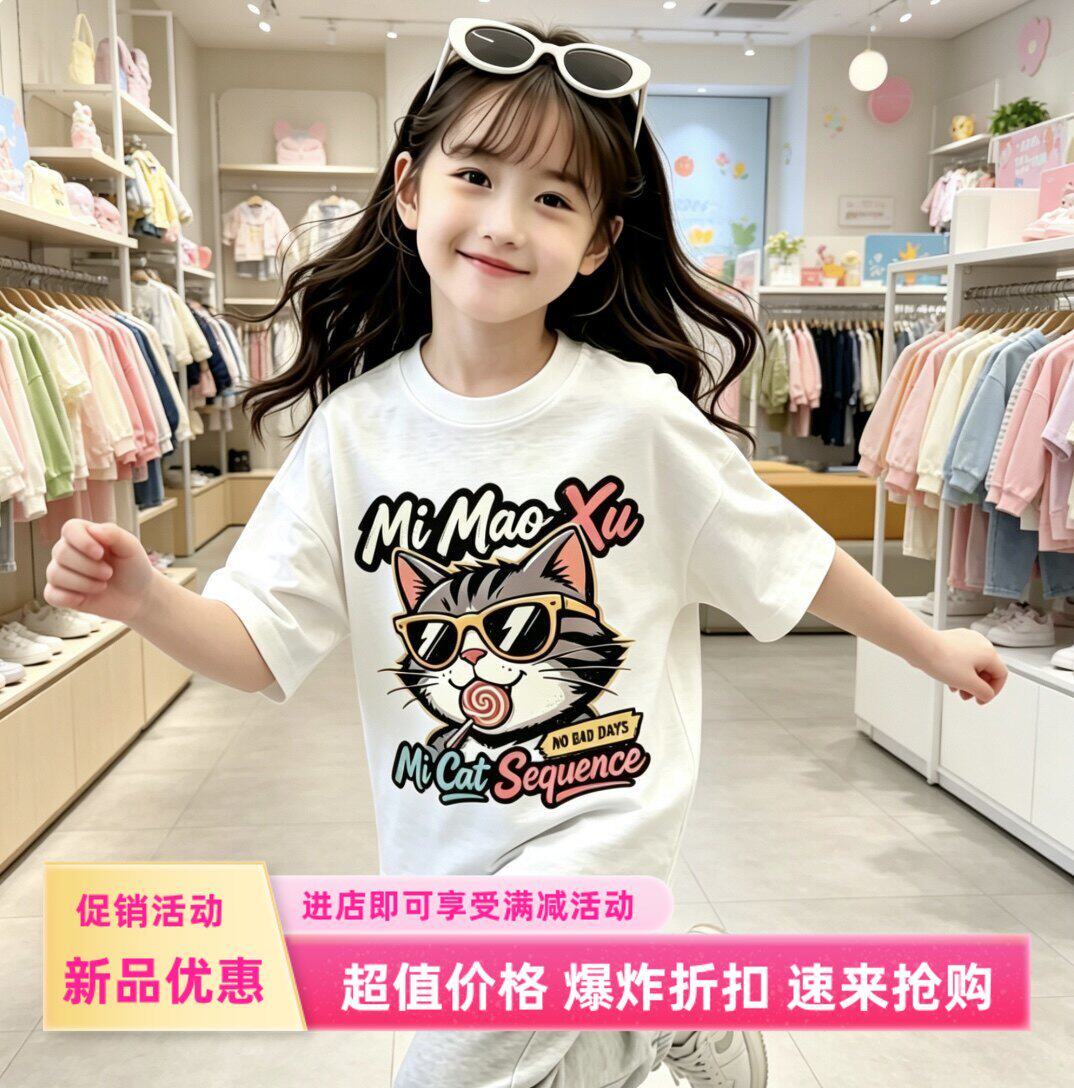 女童短袖t恤夏季2026新款洋气童装女孩圆领上衣儿童夏季半袖薄款
