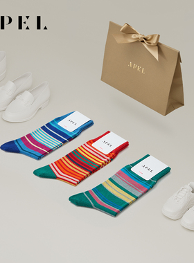 APEL3双礼盒装丝光匹马棉条纹情侣袜子新年礼物男中筒袜女潮棉袜