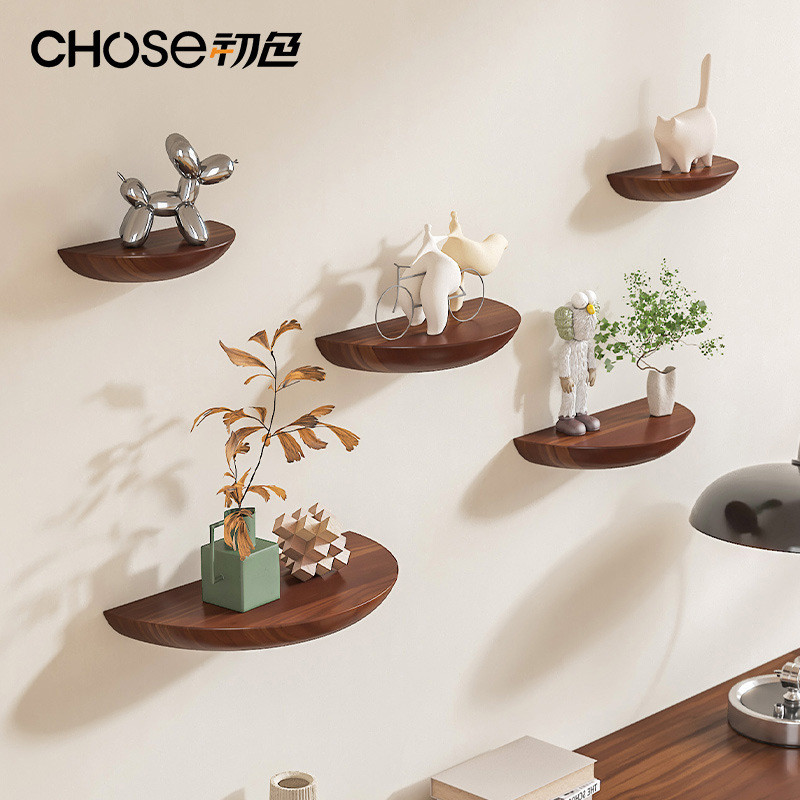 免打孔半圆实木隔板墙上置物架装饰北欧壁挂式客厅电视墙网红家居