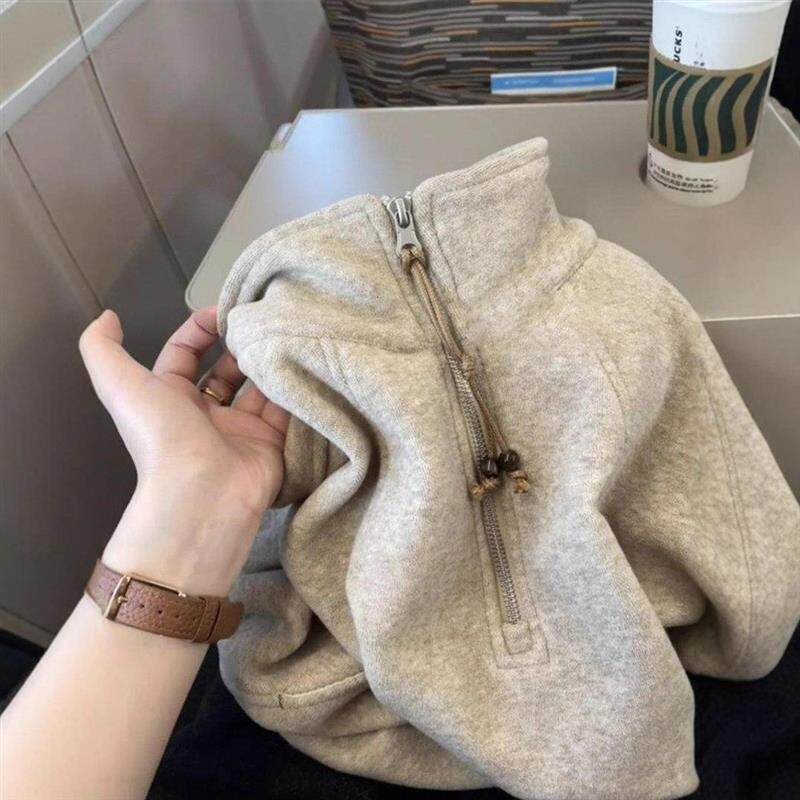 秋冬新款复古燕麦色立领半拉链卫衣女外套宽松慵懒高级感外搭上衣