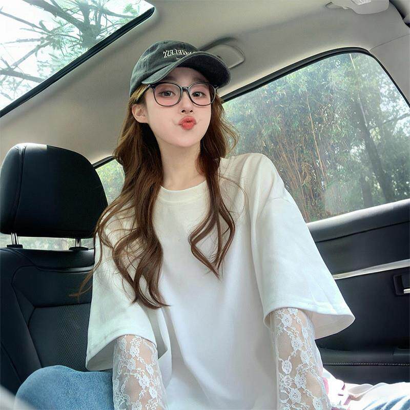 韩版拼接蕾丝袖圆领短袖T恤女ins设计感夏宽松显瘦薄款休闲上衣潮