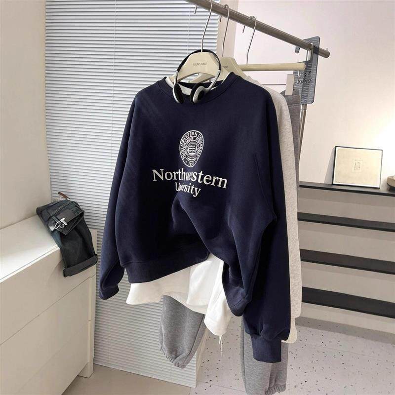 韩风chic复古时髦字母圆领套头卫衣女薄款宽松显瘦慵懒风外套冬季