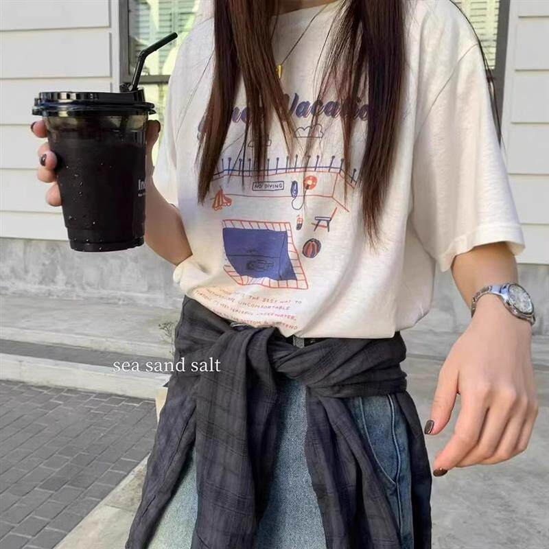 夏季纯棉正肩短袖T恤女2026新款爆款小众设计感宽松美式半袖上衣