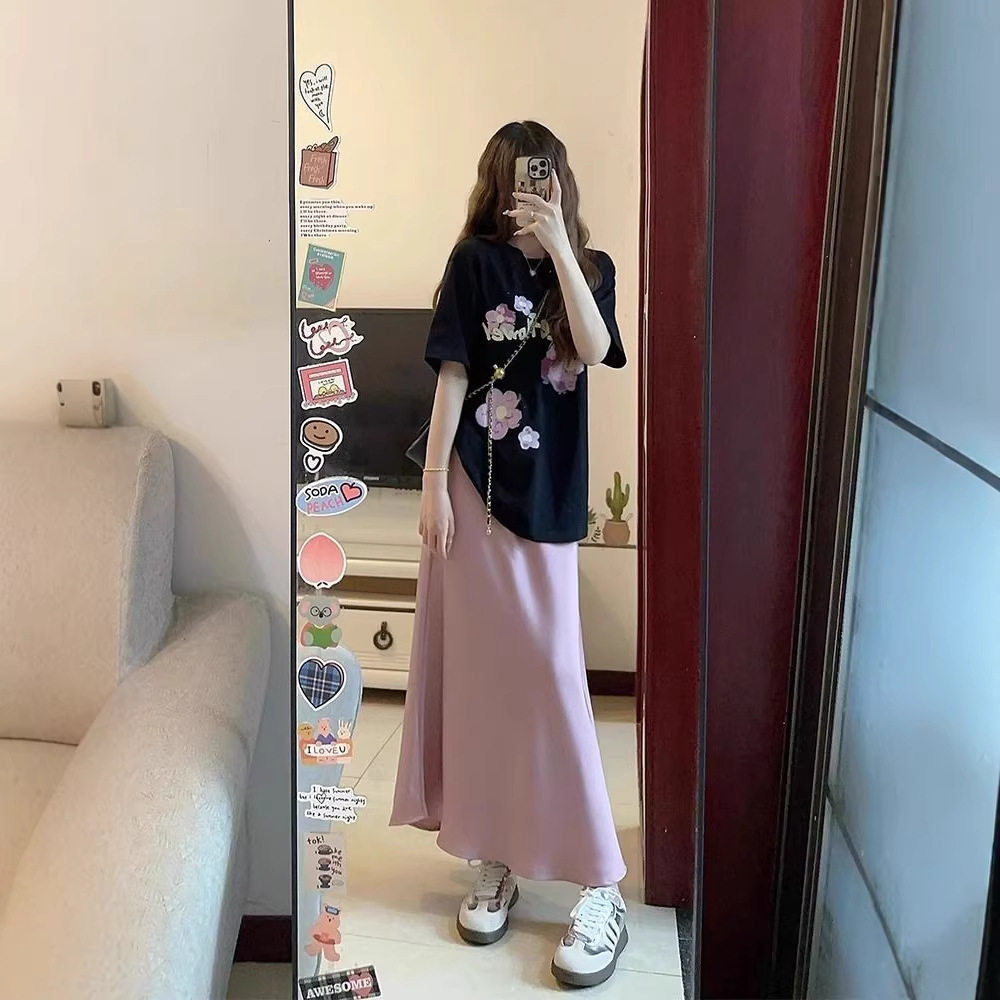 美式复古设计感小众花朵印花正肩短袖t恤女夏季宽松显瘦体恤上衣