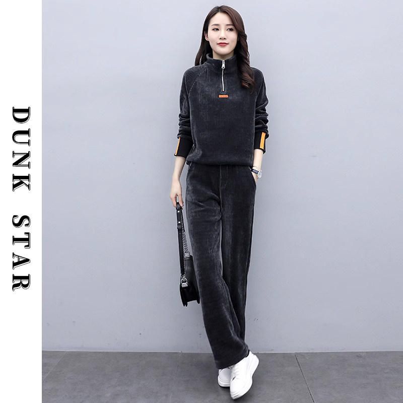 DUNK STAR灯芯绒休闲运动套装女春秋款时尚减龄显瘦阔腿裤两件套