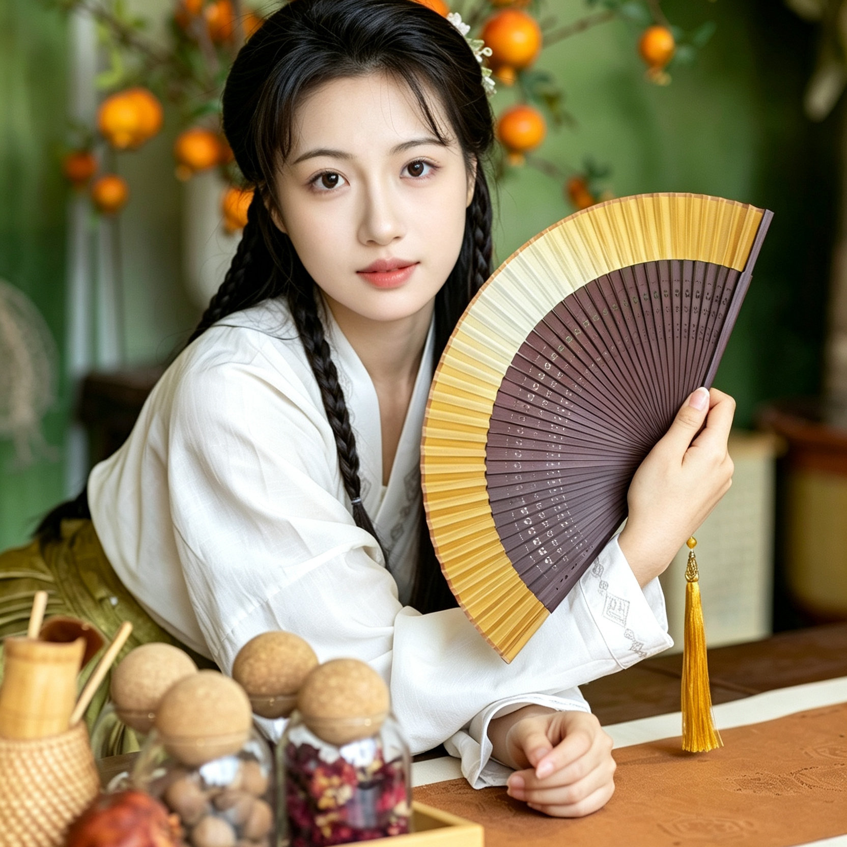 扇子古风新中式折扇中国风舞蹈扇汉服旗袍金色结婚新娘晨袍折叠扇