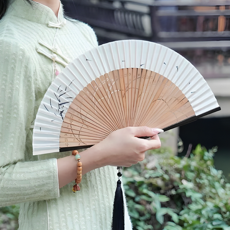 中国风折扇子绿色折叠扇古风纯色汉服小竹扇旗袍摄影女跳舞蹈扇