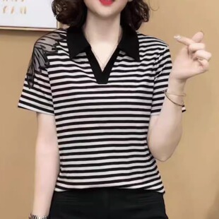 领条纹时尚 t恤气质衬衫 减龄妈妈装 短袖 潮 中年女士夏装 POLO衫 新款