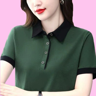 洋气宽松显瘦妈妈冰丝polo短袖 墨绿色小众t恤女翻领2026夏季 新款