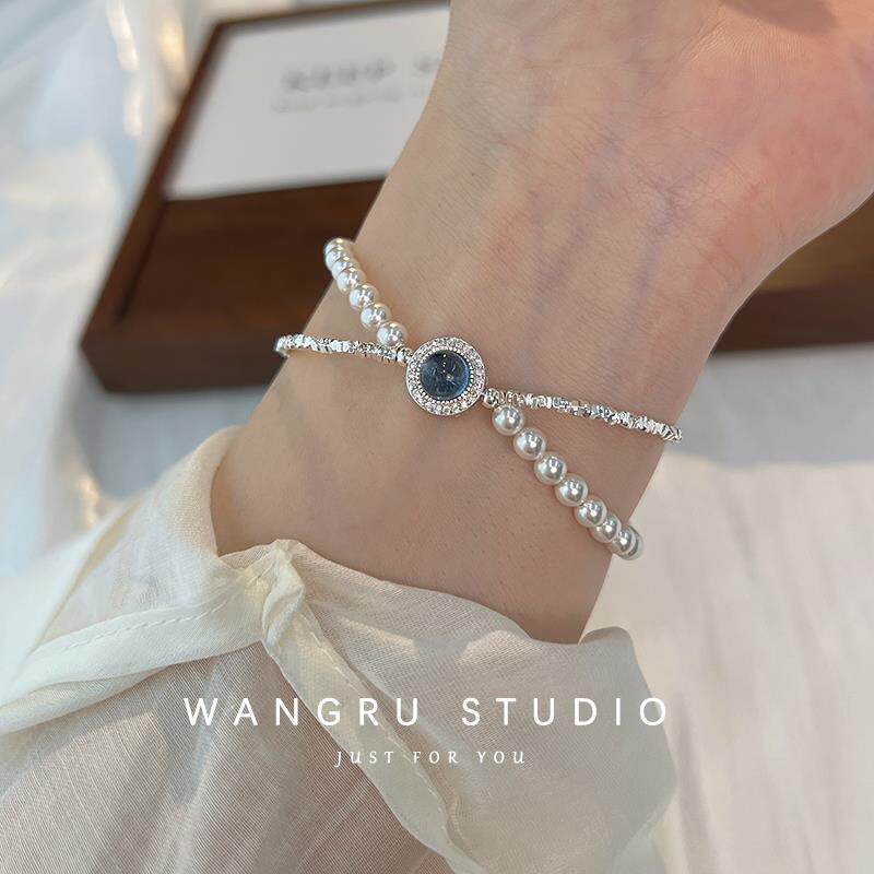 Wangru往如纯银海蓝宝碎银珍珠手链女生轻奢小众精致设计女款礼物