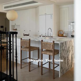 中古实木高脚椅家用咖啡厅吧台椅设计师复古绳编餐椅岛台椅靠背椅