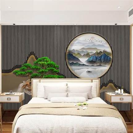 8d新中式电视背景墙纸养生馆高级装修背景墙布迎客松客厅茶室壁纸