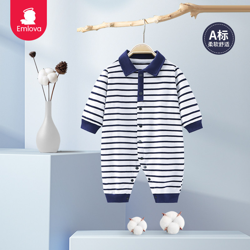 宝宝连体衣春秋装纯棉百天百日婴儿服帅气外出爬服哈衣周岁满月服