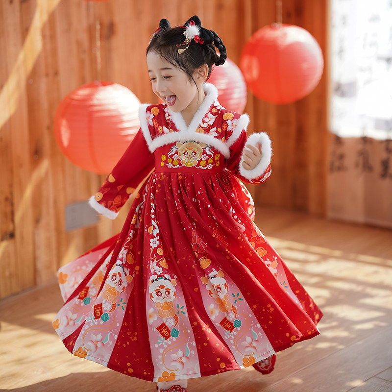 原创儿童汉服长袖女童拜年服喜庆洋气中国风唐装古装连衣裙秋冬款