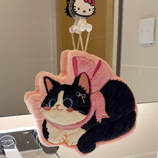 猫咪擦手巾挂式可爱加厚珊瑚绒超强吸水不发臭卡通厨房浴室手帕