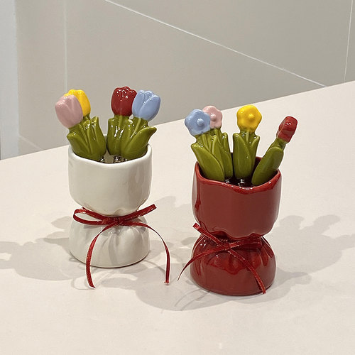 【新家的100个快递】手捧花水果叉陶瓷收纳罐轻奢高级感不锈钢