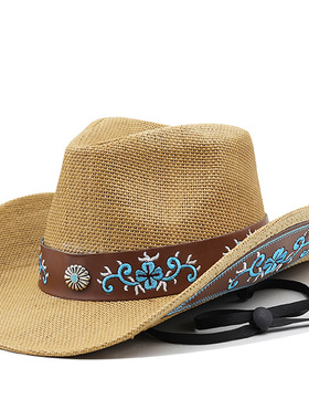 草帽Vintage Western Cowboy Hat Fashion复古藏式刺绣花纹牛仔