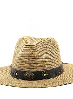 草帽Vintage Western Cowboy Hat男女士铜花皮带装饰大檐草帽