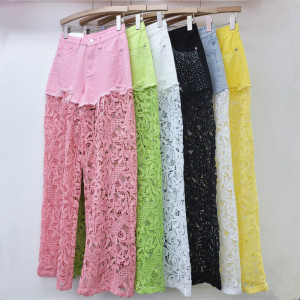 New Fashion Womens Patchwork Lace Jeans Straight Denim Pants