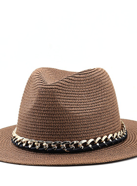 草帽Vintage Western Cowboy Hat男女士亚克力链条大檐草帽