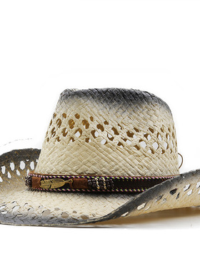草帽Western Cowboy Hat 男女做旧装饰手编镂空草帽欧美漆面西部