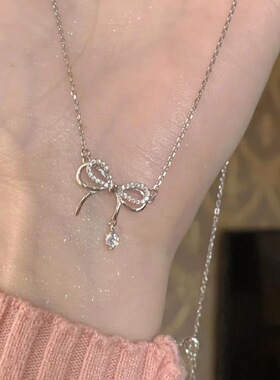 Women Necklace双层蝴蝶结项链女ins小众设计百搭水滴流苏锁骨