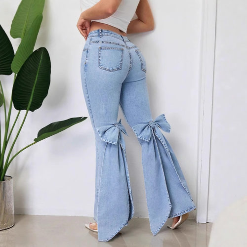 Flare Pants Jeans Womens Boot Cut Bow Washed Denims Trousers