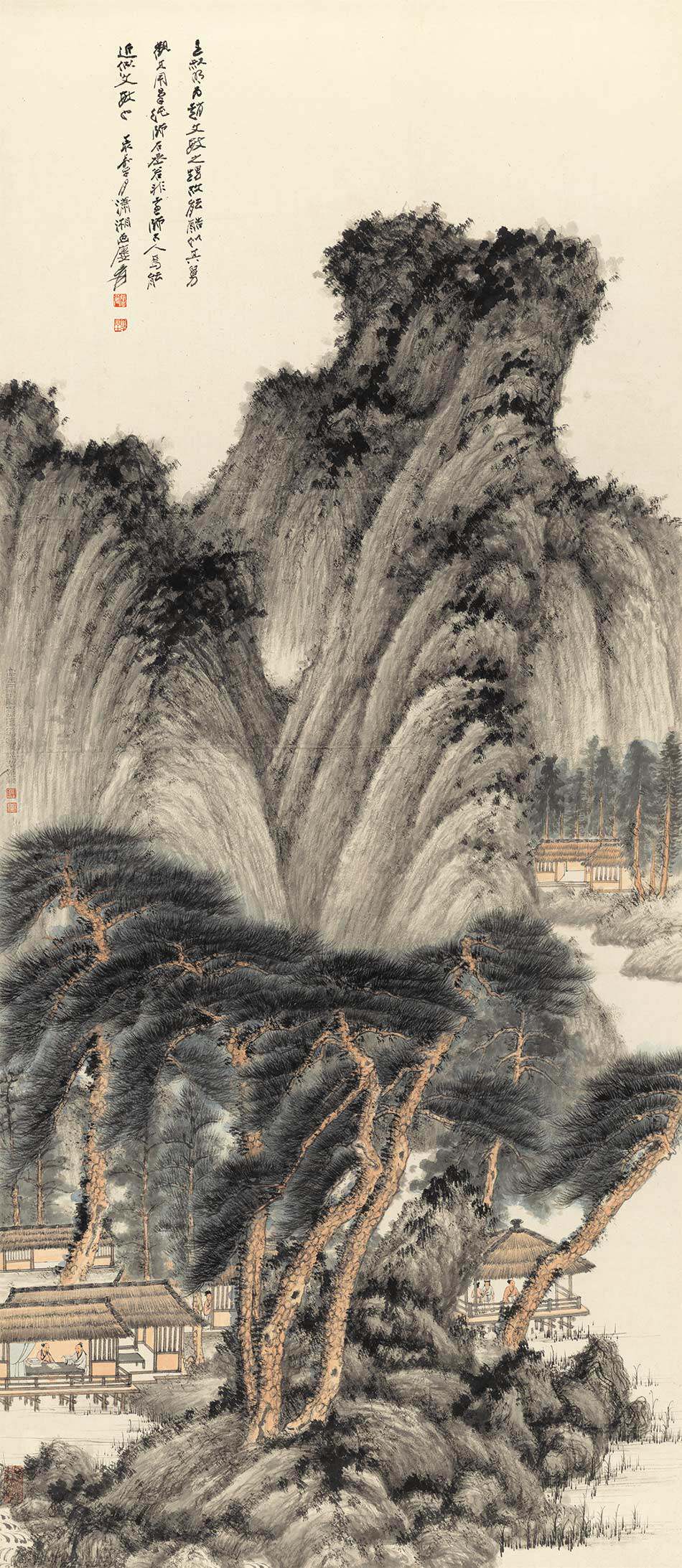 张大千仿王蒙春山读书图国画山水四尺真迹复制画原大高清宣纸画